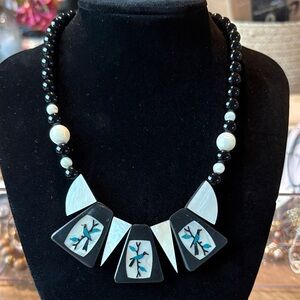 Vintage Karla Jordan Black and White Necklace with Tree and Bird Motif